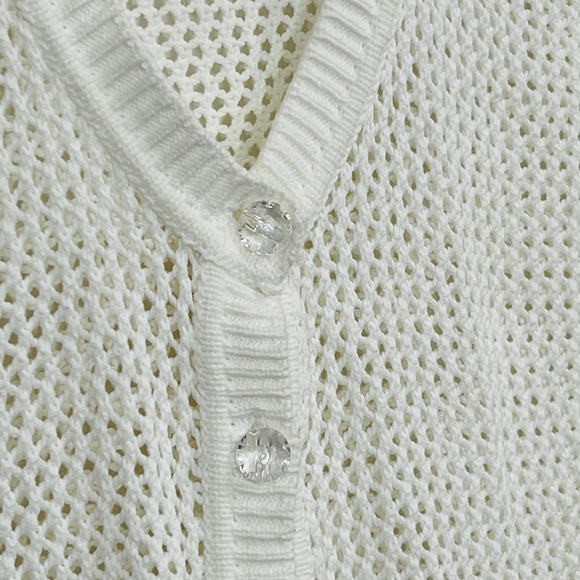 Women's White Cotton Open Knit Sleeveless Cardigan Vest Two Button V Neck - Picture 4 of 9